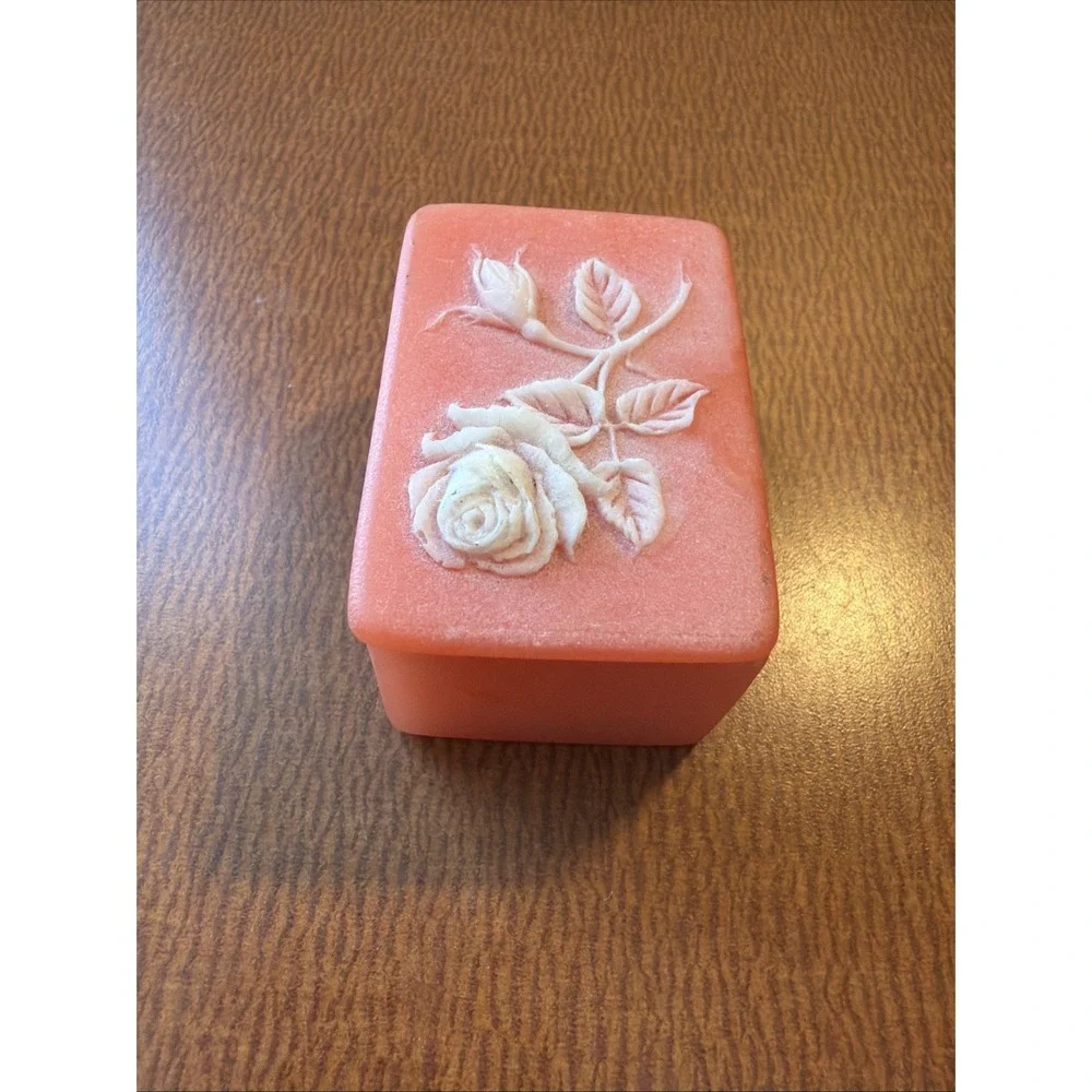 Vintage Mini Covered Trinket Box Alabaster with Cameo Flower -1.5
